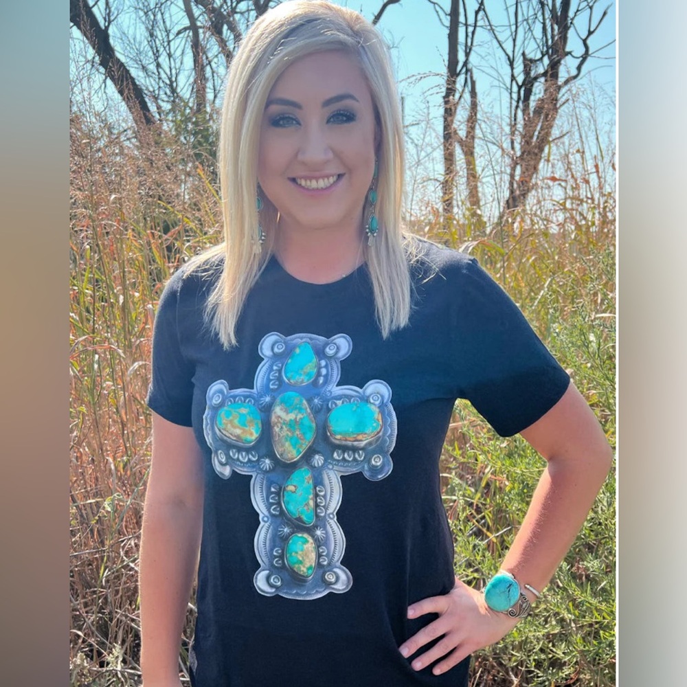 🩵✝️✝️🩵Sterling Kreek Western Saving Grace Cross Tee Turquoise Concho Easter